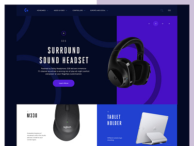 Product page — Header variation for Logitech website clean design ecommerce header layout minimal modern moodboard product slider typography web