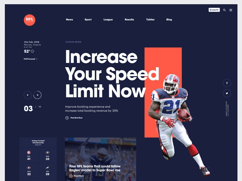 NFL Website dark geometric grid header layout news portal slider sport typography ui website