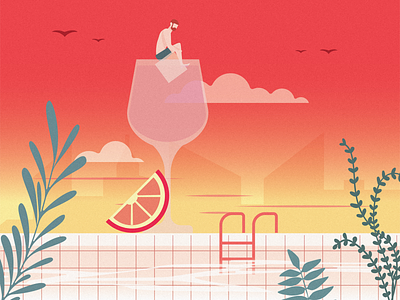 Jack-Line character cocktail design graphic design illustration plants red rooftop sky skyline sunset swimming pool vector wine
