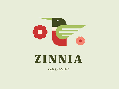 Zinnia - Café & Market - Identity Design bird cafe floral flower forest green geometric green humminbird icon identity insignia logo logo design market monogram red restaurant serif shapes