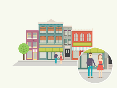 Coolest Kids In Town buildings clean design couple flat design hipster illustration design man and woman nudds shops street scene town town scene