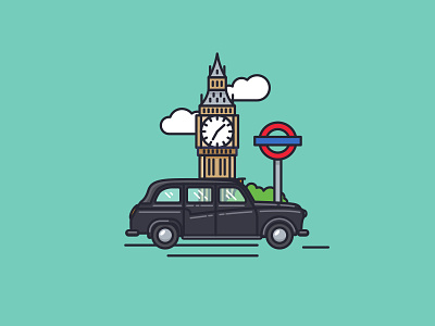 London Town big ben black cab buildings clouds london nudds outline illustration taxi transport underground