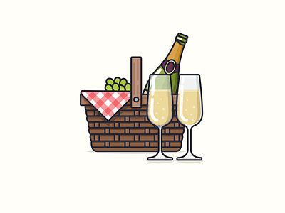 Picnic basket bottle champagne glasses illustration lunch nudds picnic wine