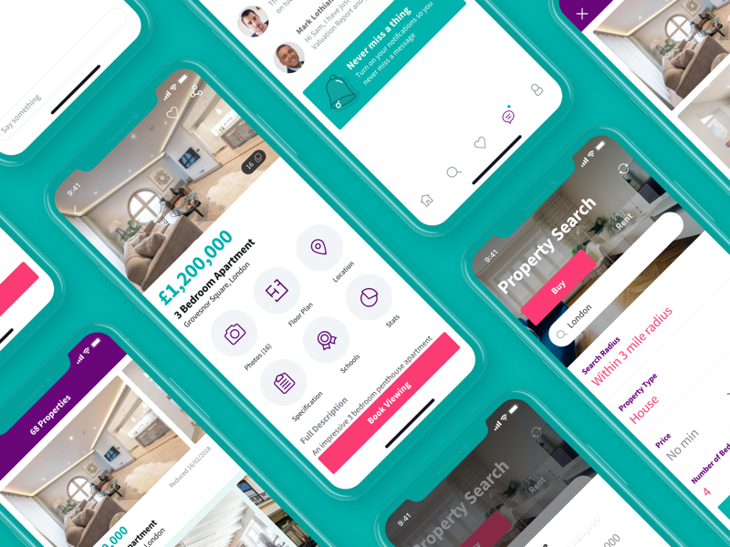 Real Estate App rent feed search list carousel messaging map house property real estate
