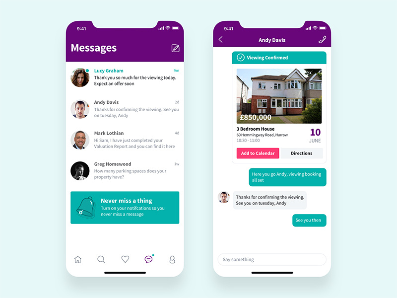 Messages event confirmation booking iphone x notification property real estate list chat messages nudds