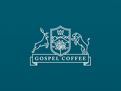 Gospel Coffee badge brand coffee crown deer lion logo mountain nudds shield stag tree