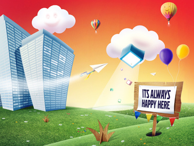 Happy Place photoshop happy clouds fun grass flats illustration nudds sign balloon smile face home page