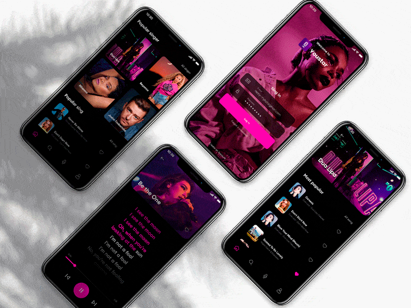 Online Karaoke App animation app dark design figma fun interaction interface ios karaoke mobile mode music pink shadow sing singer song ui ux