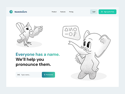 NameShouts - Homepage animal kingdom culture bird character design elephant home page illustration landing page layout nameshouts ui utopian futures web website www