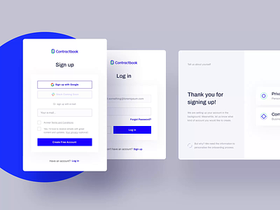 Sign up + Log in process - Contractbook animation app contractbook interaction interface layout motion product design ui ux web website www