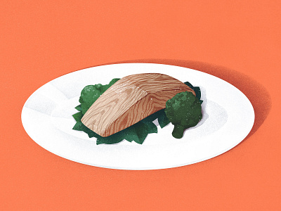 Wood Salmon Steak broccoli dining dinner editorial food greens illustration illustration art ironic meal plate salmon table wood