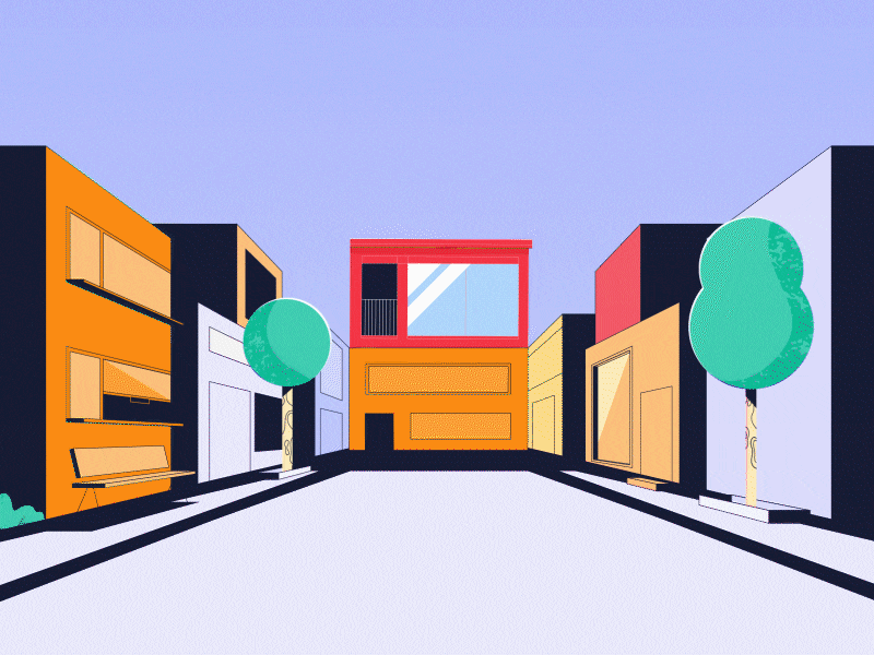 Building Scenes animation building character animation construction construction animation factory factory animation gif gif animation home house house animation illustration living modular design modular house street streetview transition truck animation