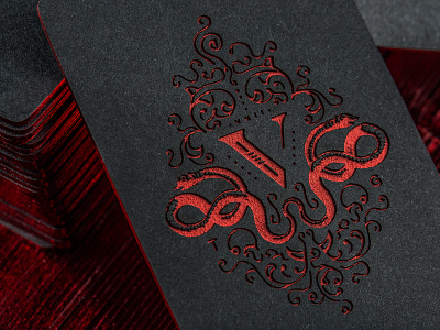 V Group Etched Business Cards black engraved foil foil edging laser etch monogram red snake the v group