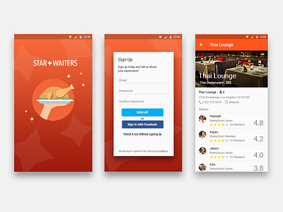 Waiters App android app assessment gmd google materialdesign mobile restaurants screens ui ux vector