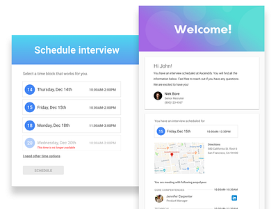 Schedule Experience booking email design interview material design recruiting schedule ui ux user experience welcome