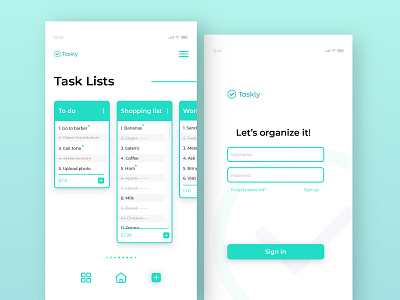 Taskly app clean design interface login mobile organizer registration signup simplicity task ui usability