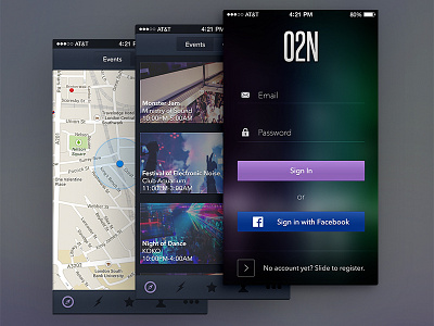O2N - Nightclub Event App for iOS7 app crisp dark event icons ios6 ios7 iphone minimal mobile simple ui