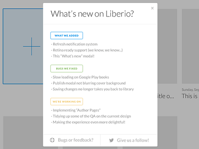 "What's new on Liberio?" modal app features flat liberio minimal modal simple update website