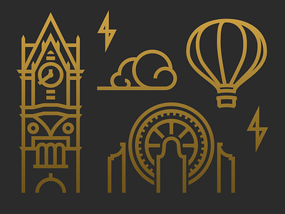 Voltage Town anderson cycling electric city electric city endurance generators hot air balloons illustration monoline skyline south carolina thicklines towers