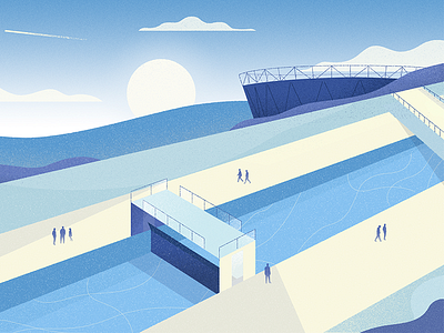 Waterfront blue bridge design editorial illustration lock park river