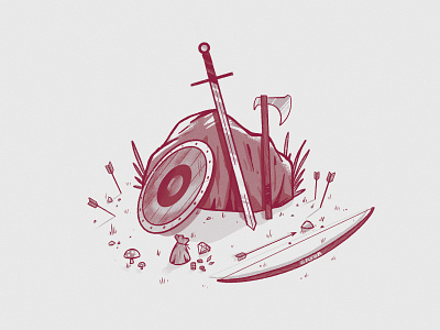 Adventurer's Inventory axe bow illustration procreate rock shield sword