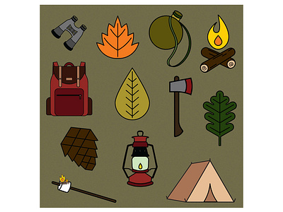 Happy Little Camping Icons adobe autumn camp fire camping design fall icons illustration illustrator leafs pattern design simple design