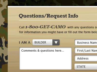 Questions/Request Info design dropdown footer form mockup