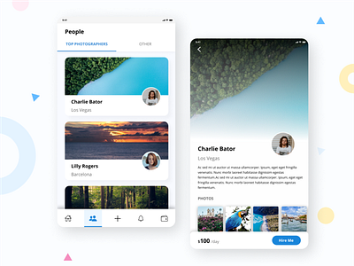 Hiring Mobile App bottom navigation daily 100 challenge hire people hire photograpghers hireme homepage mobile mobile app mobile ui people list photograpghers price tag profile page profile view search page view list view people