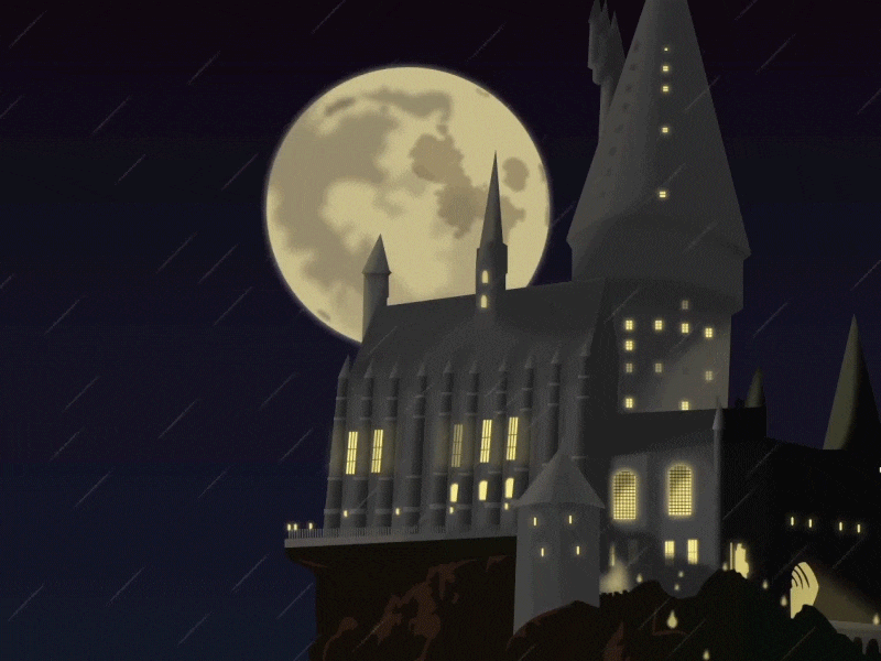 Rainy Night in Hogwarts 2d animated animation hogwarts illustration mograph moon motion motion graphics night rain vector