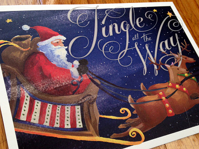 Jingle All the Way christmas gouache illustration lettering reindeer santa sleigh