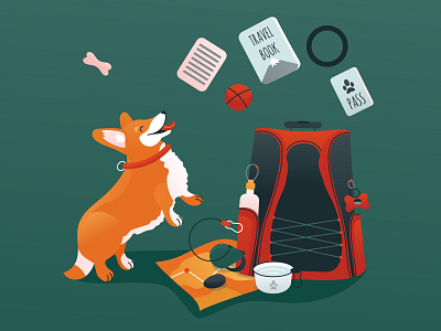 Start travel with corgi. animals cards corgi corgi travel bag dog friendly friendship illustration journey pets purebred support transportation travel trip vacations vector walk