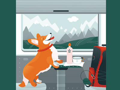 Travel with corgi in train. animals cards corgi dog friendly illustration inside journey mountains nature pembroke pets speed train support train transport travel travel time trip vectors