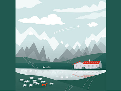 House in the mountains. adventure animals cards day dog illustration lake landscape mountain house mountains nature no people panorama pets scenery sunrise travel trip vector weather