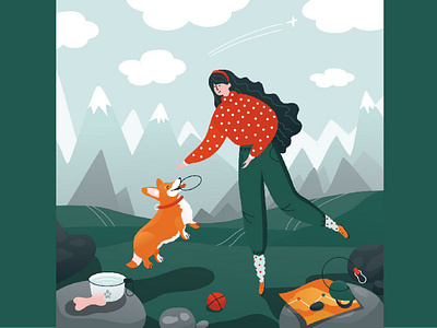 Walk with corgi in mountains. animals camping cards corgi dog friendship funny girl happy illustration journey lanscape mountains nature pembroke pets travel trip vectors walk