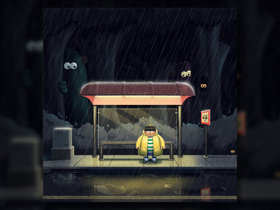Scared to be lonely alone bus stop cartoon character character design creative digital art funny illustration mosters night photoshop rainy visualisation