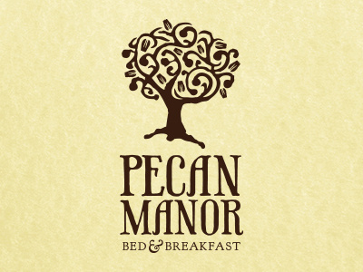 Pecan Manor Bed & Breakfast Logo ampersand bb bed breakfast brown flow manor pecan script tan tree