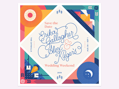 My Wedding Save the Date campfire catskills colorful moon save the date script sun typography vector wedding
