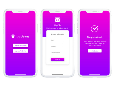 Sign Up and Success Screens for Pet Adoption App