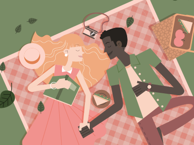 Picnic cartoon couple editorial green illustration illustrator pink