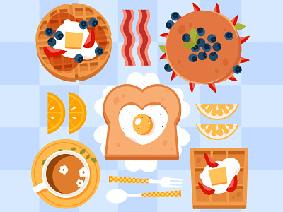 Breakfast bacon breakfast digital art digital illustration eggs food food illustration icons illustration illustrator kids illustration pancakes vector vector illustration waffle