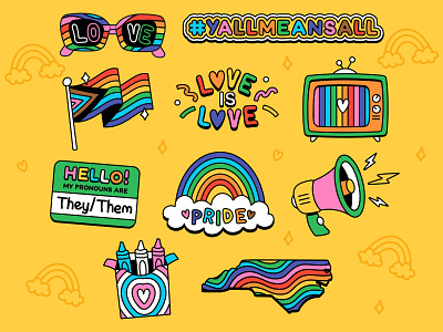 Y'all Means All Stickers digital art digital illustration illustration lgbtq pride rainbow stickers vector vector illustration