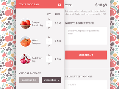 Foodly Shopping Cart bag checkout e commerce food iphone mobile shop shopping cart store ui ux webdesign