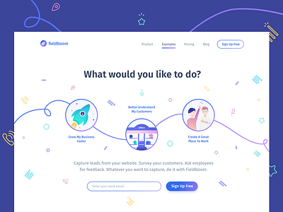Fieldboom Examples Page character design illustration interfaces marketing website pointing up rocket shop signup startup ui webdesign