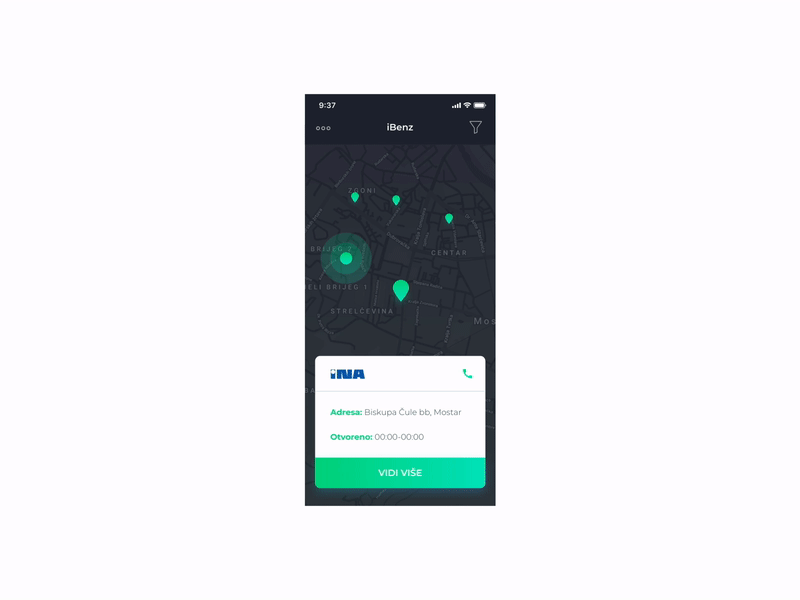 Daily UI Challenge #029 - Map adobe xd animation app benz card dailui daily daily 100 daily 100 challenge daily challange dark app design gif gif animation map markers mapa maps mobile mobile app ui
