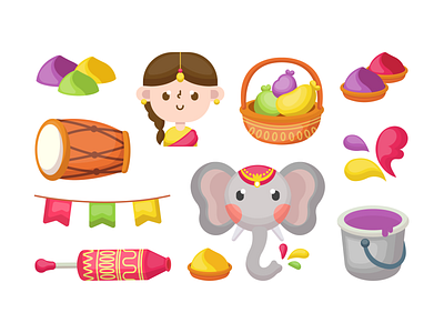 Holi Element Illustration Collection art cartoon character collection cute design element festival flat holi icon illustration item object symbol vector