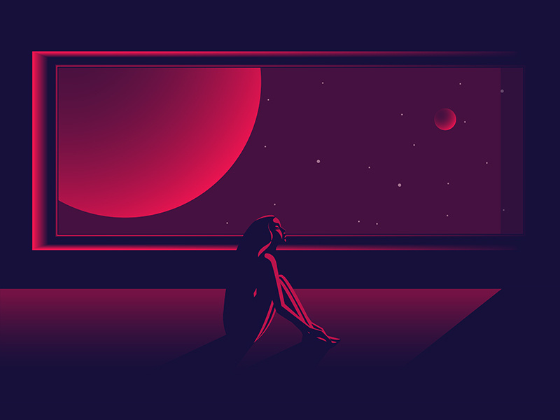 pink space window stars star planet space light girl dark color art illustration design