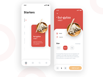 Gyōza app cards clean delivery food minimalist mobile navbar red tiles ui ui design user interface ux