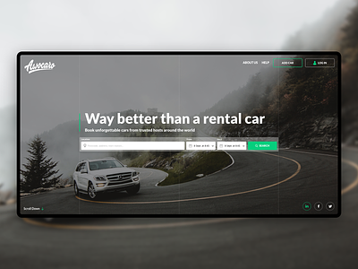 Awocaro - first screen for car rental website analytics car dashboard ecommerce experience free interaction interface landing page product research service startup turo ui ux web app website