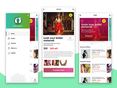 Bridal Groom App app bridal concept contact design groome homepage mehendi navigation profile prototyping trending ui ux