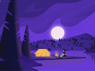 Camping art artist camp camp fire design girl illistration moon night procreate scenery trees water working